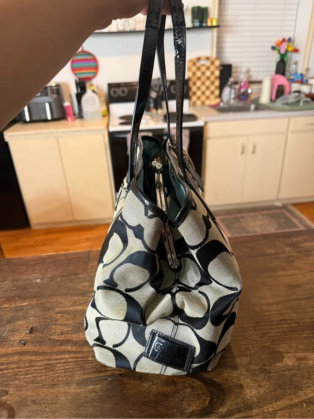 Coach Black and Cream Signature Canvas Shoulder Bag